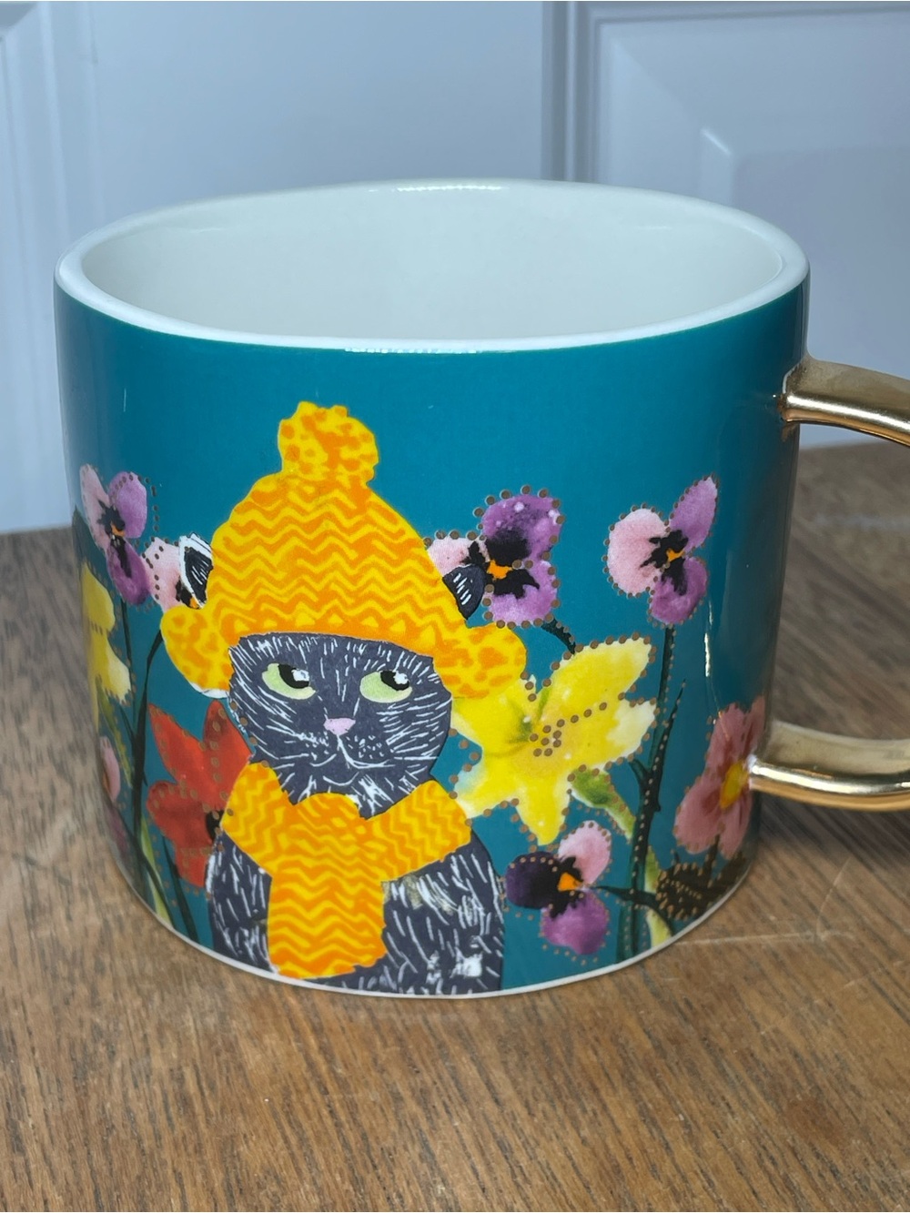 Anthropologie Francesca Kaye Feline Atelier Black Cat Floral Mug Teal Coffee Cup